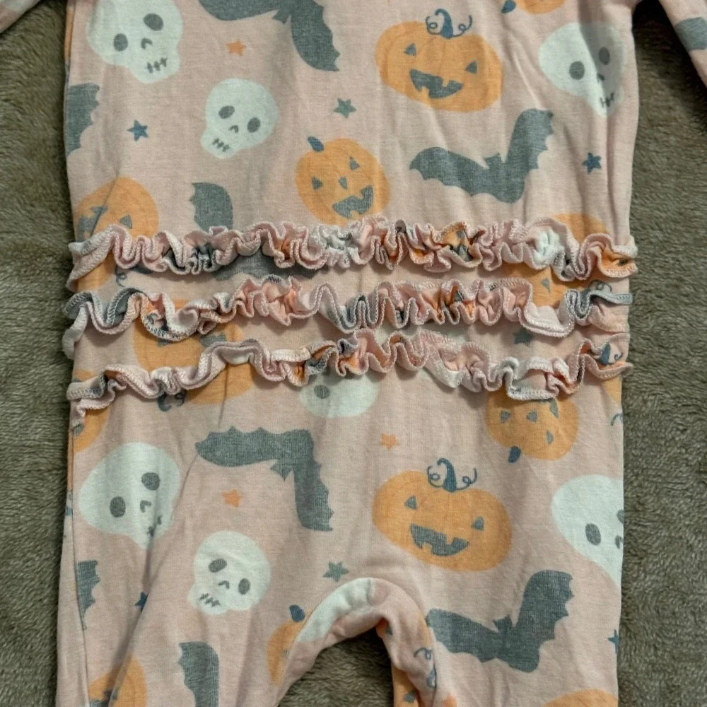 Milkberry Baby Girls Halloween Pumpkin Bat Ghost Ruffle Footed Sleeper 0-3M